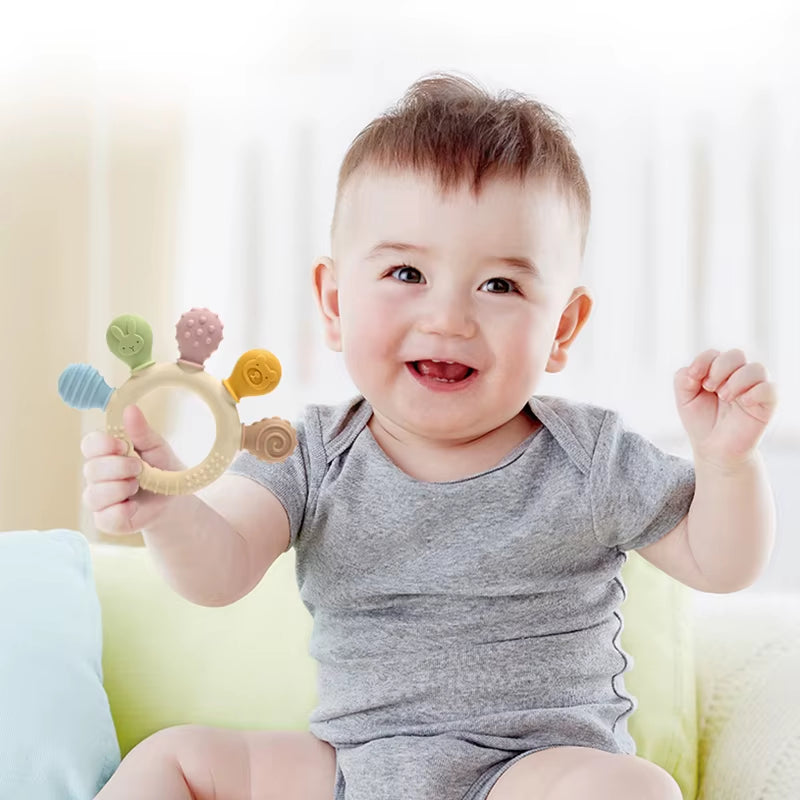 Baby Ring Teether New Hand Multicolor Silicone Anxiety Teething Toys 0-12 Months Chew Beads Sensory Gum Relief Soother Baby