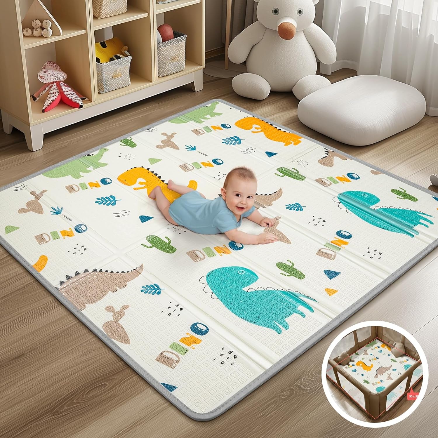 Foldable Baby Play Mat 50x50” – Waterproof Foam Playpen Mat Reversible & Portable (Giraffe & Elephant) 