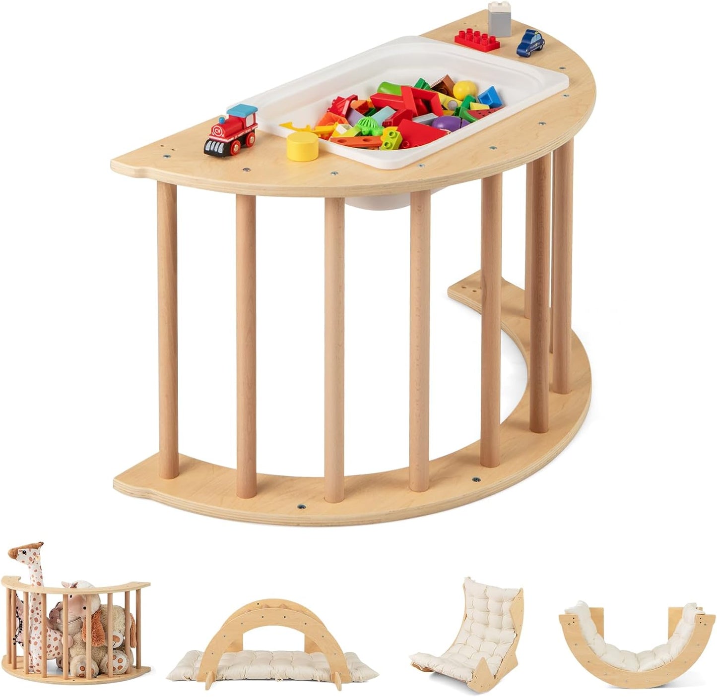 6-in-1 Wooden Arch Climber & Rocker – Montessori Toddler Playset with Cushion & Sensory Table 