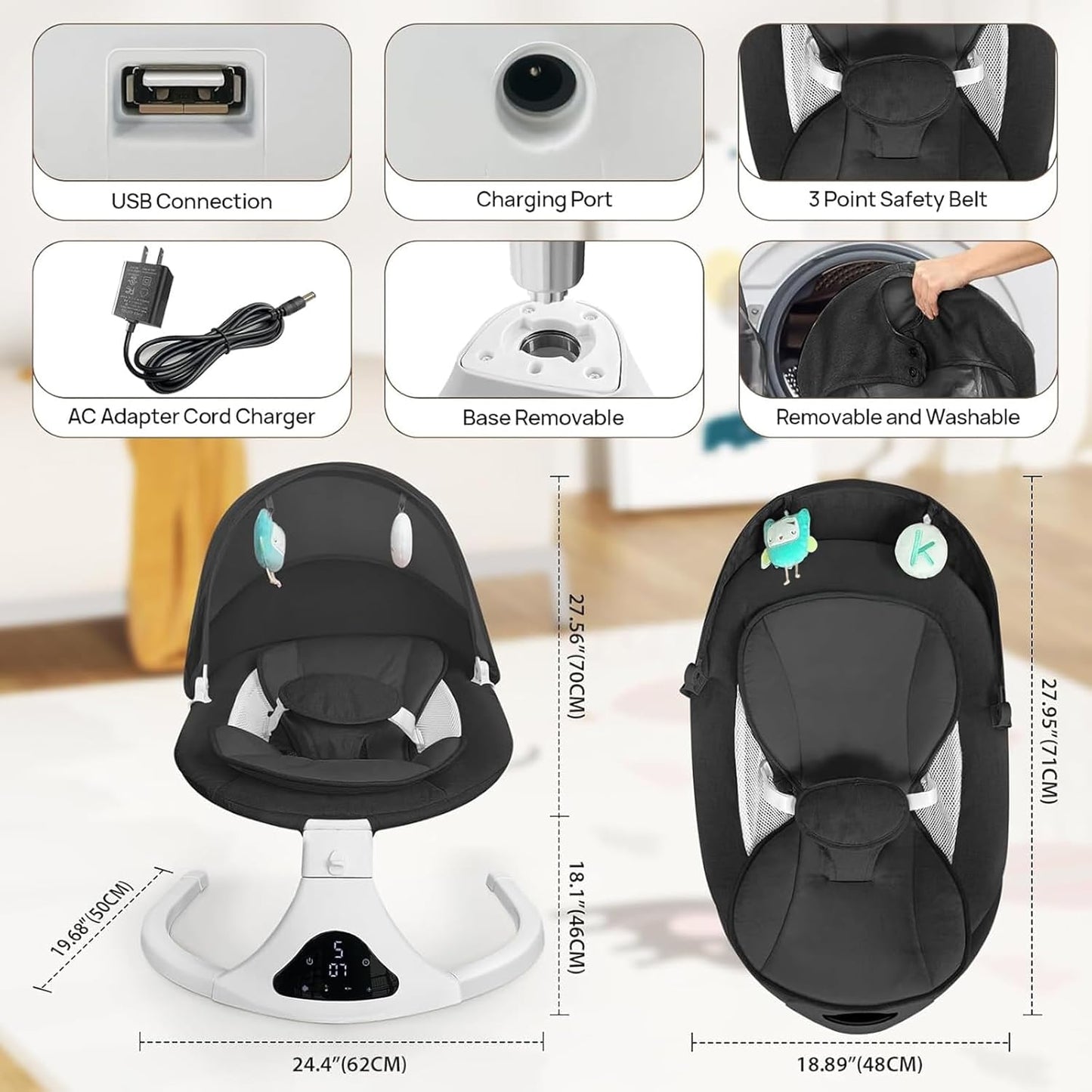 Electric Baby Swing for Infants to Toddler| Portable Infant Swing with Remote Control, Rocker with 5 Speeds, 3-Point Harness for Baby Boy Girl (Black)