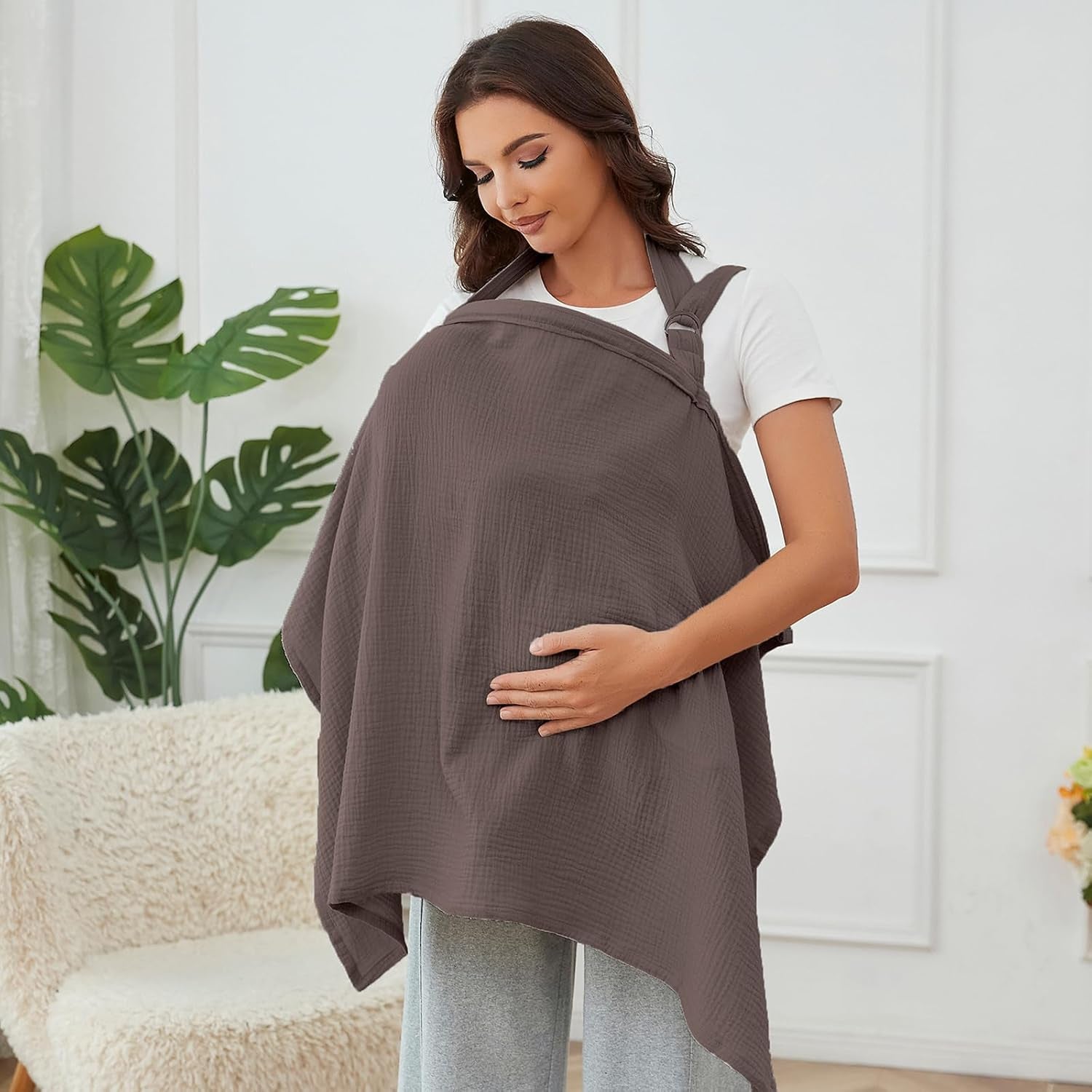 Muslin Nursing Cover for Breastfeeding, Breathable 100% Cotton Privacy Nursing Covers with Rigid Hoop for Mother Nursing Apron, Soft Arch Neckline Nursing Apron (Summer Wheat)