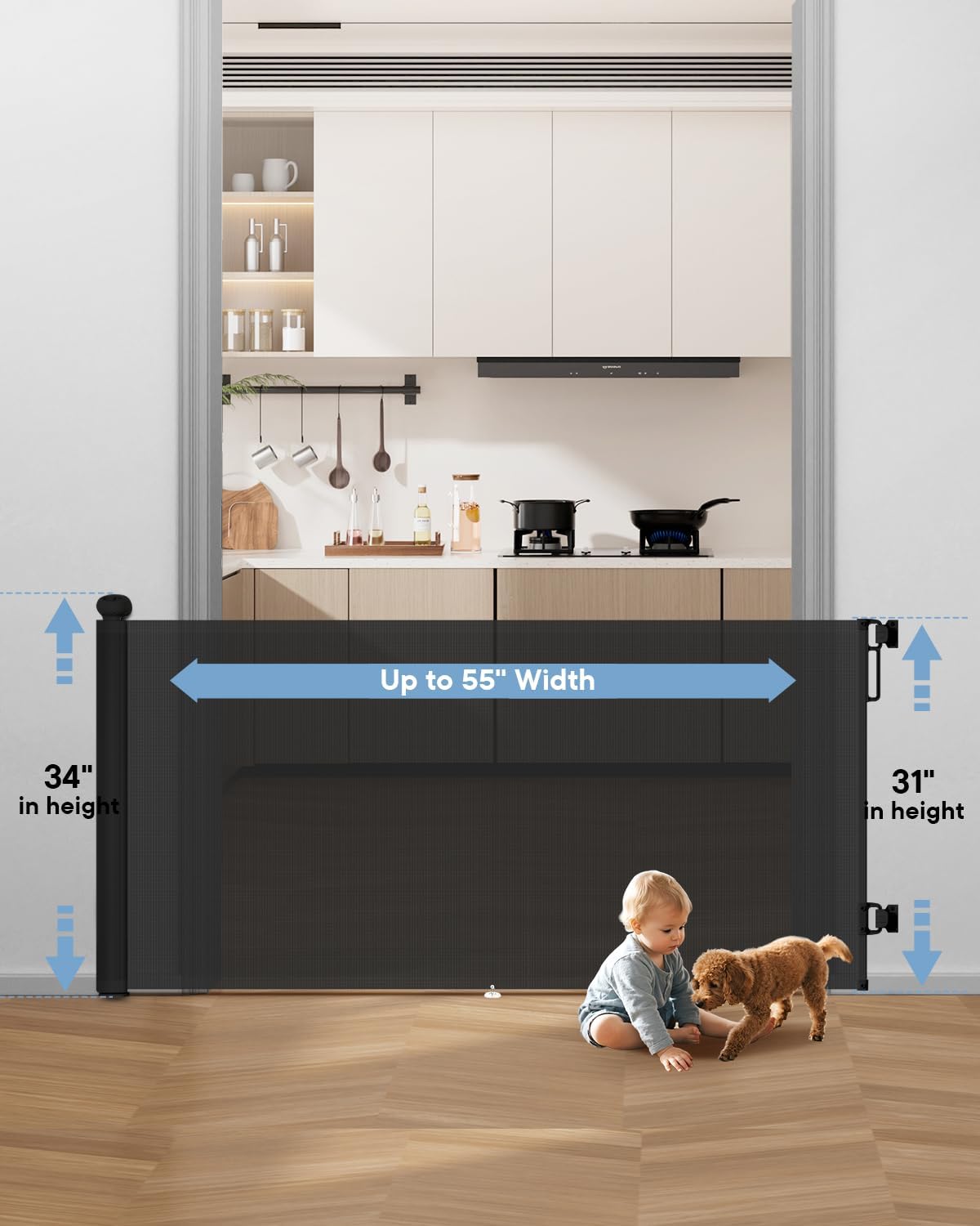 Retractable Baby Gate 55" Wide – Safety Mesh Gate with Lock & One-Hand Operation (Indoor/Outdoor) 