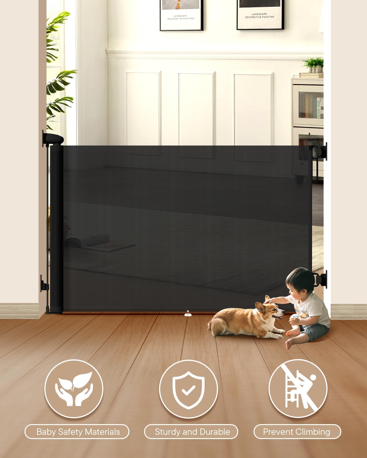 Retractable Baby Gate 55" Wide – Safety Mesh Gate with Lock & One-Hand Operation (Indoor/Outdoor) 