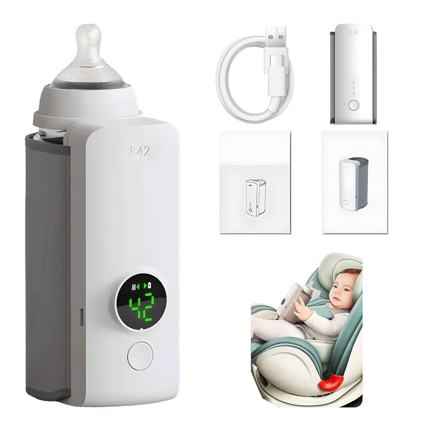 Portable Baby Bottle Warmer – USB Rechargeable Fast Heating with Temperature Control for Travel 