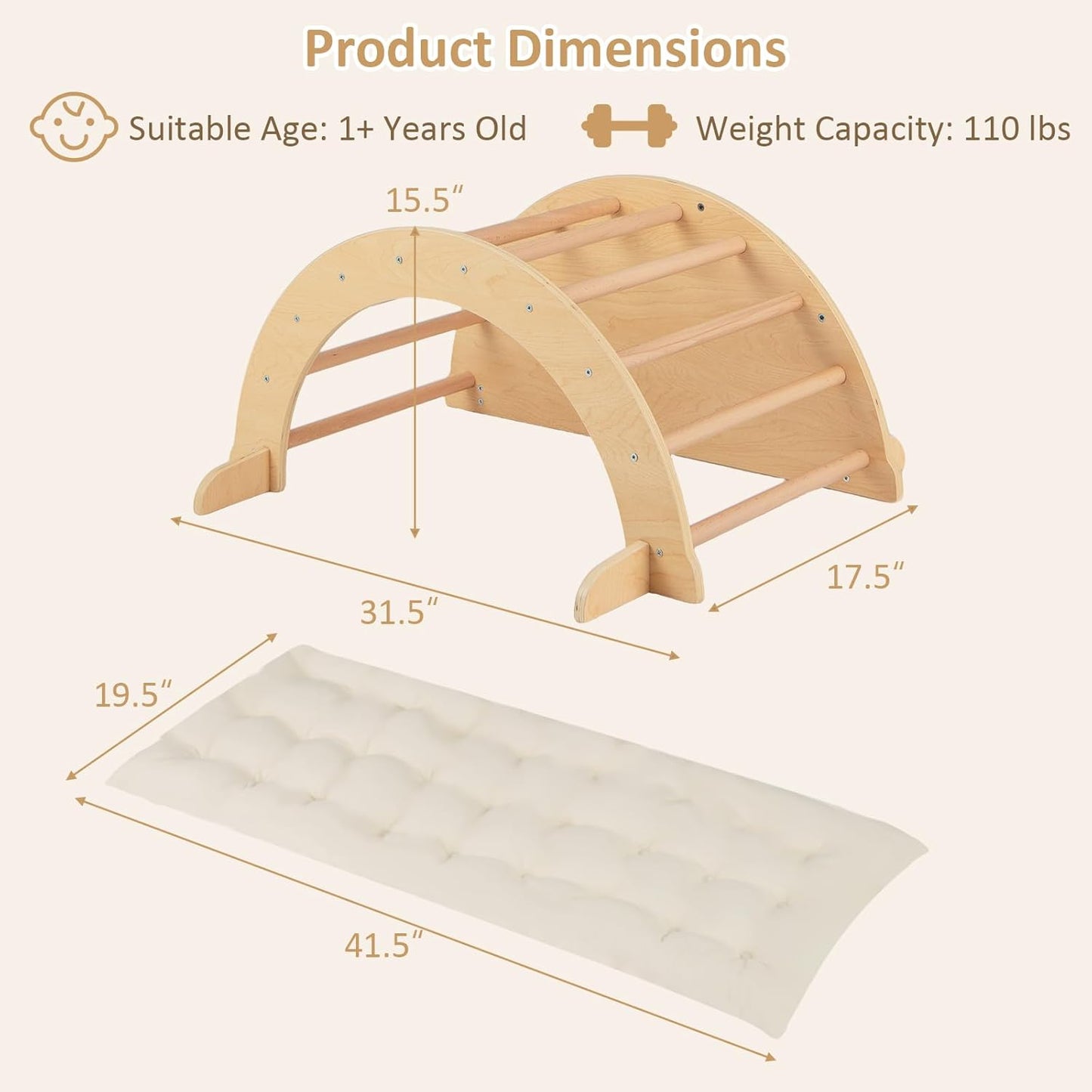 6-in-1 Wooden Arch Climber & Rocker – Montessori Toddler Playset with Cushion & Sensory Table 
