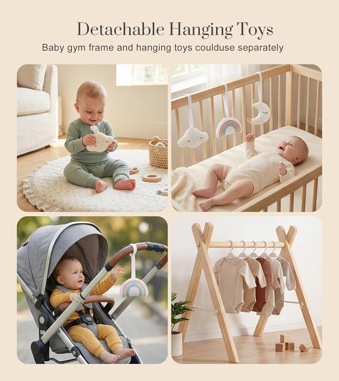 Wooden Baby Play Gym with 6 Toys – Foldable Natural Activity Gym for Sensory & Motor Development 