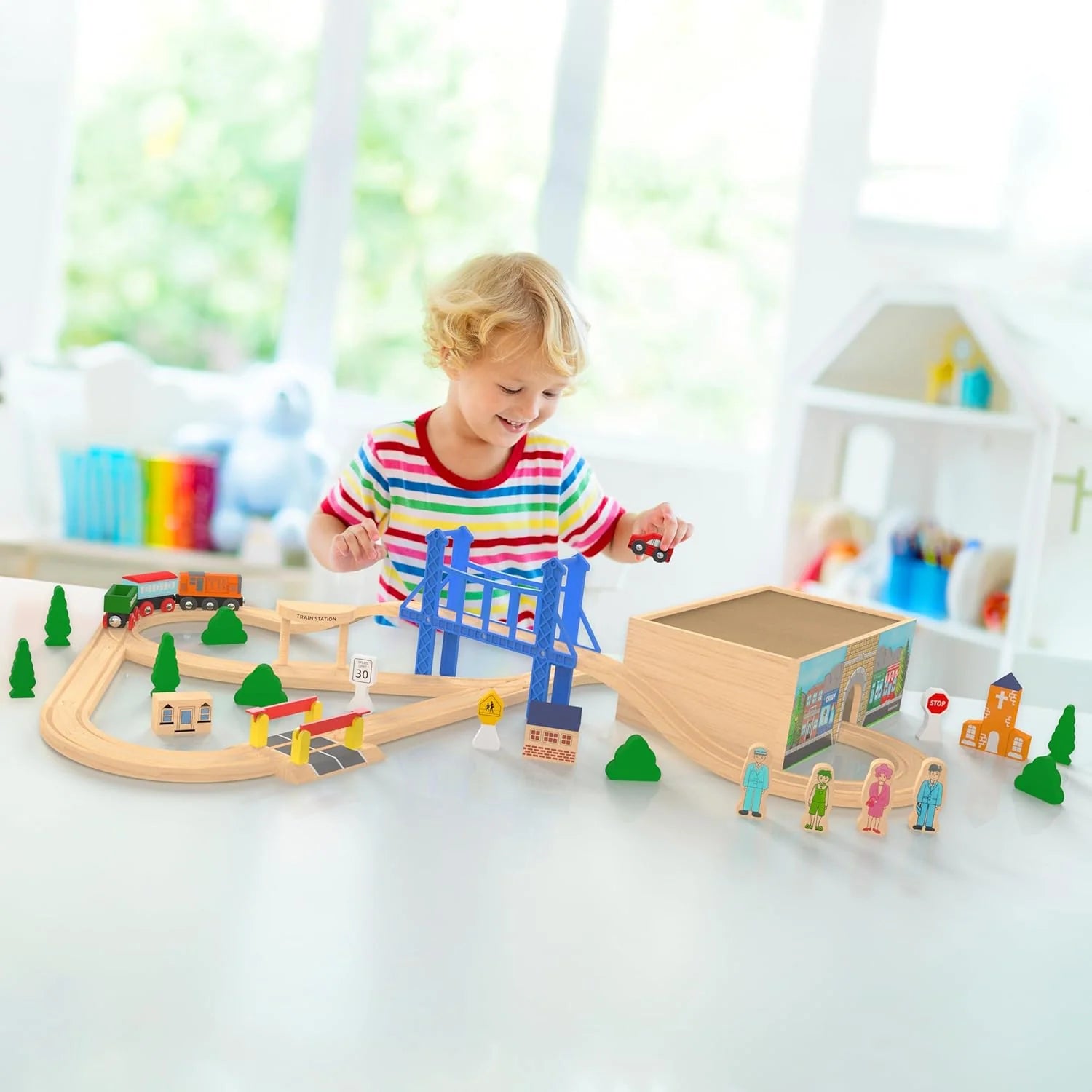 All-In-One 52-Piece Deluxe Wooden Train Set with Storage Box and Tunnel - Perfectly Compatible with Thomas, Brio, and Melissa