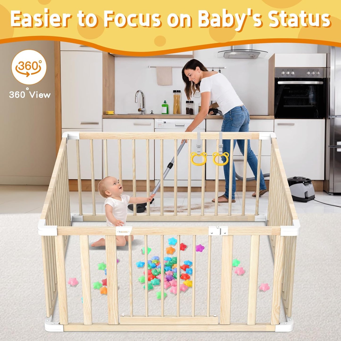Wooden Baby Playpen 43x43” – Safe Toddler Play Yard with Door, Handles & Ocean Balls 