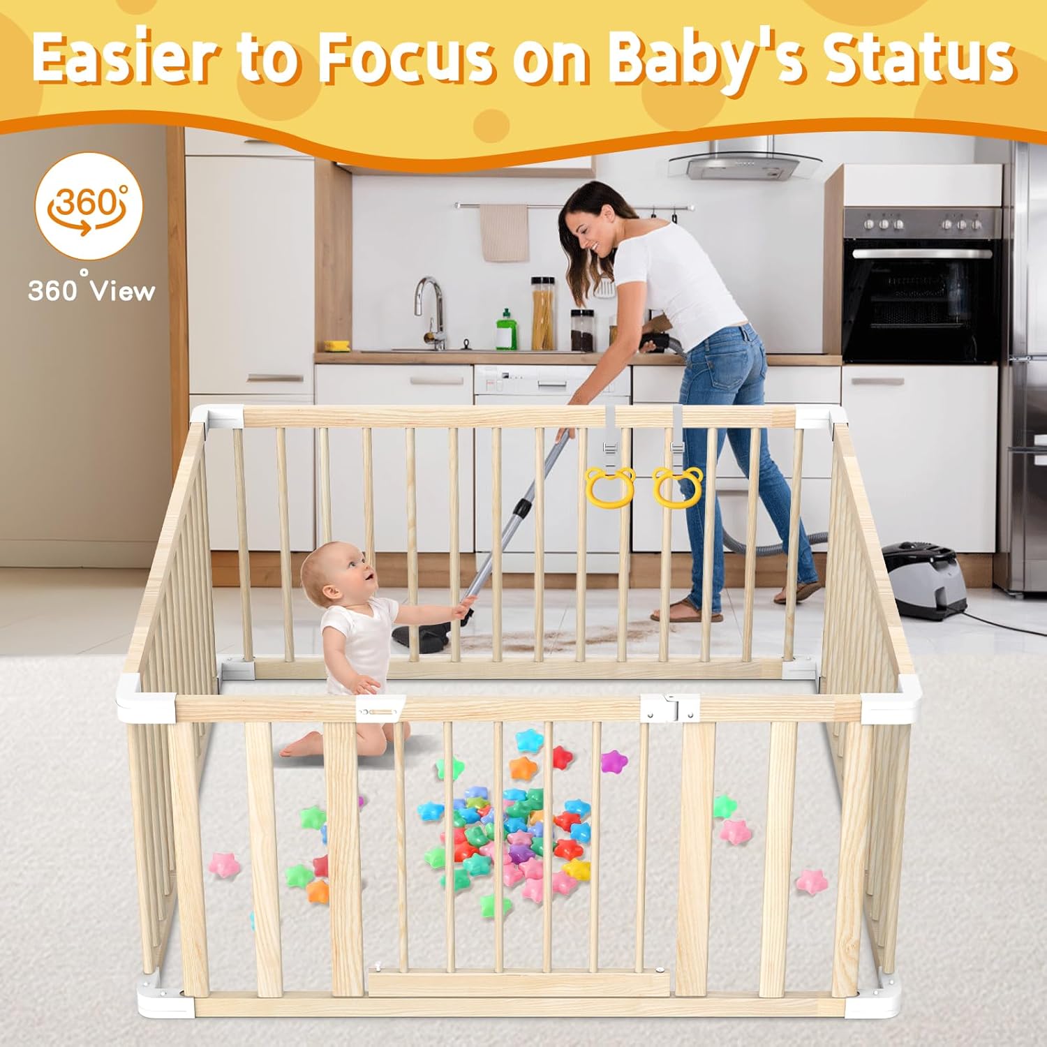 Wooden Baby Playpen 43x43” – Safe Toddler Play Yard with Door, Handles & Ocean Balls 