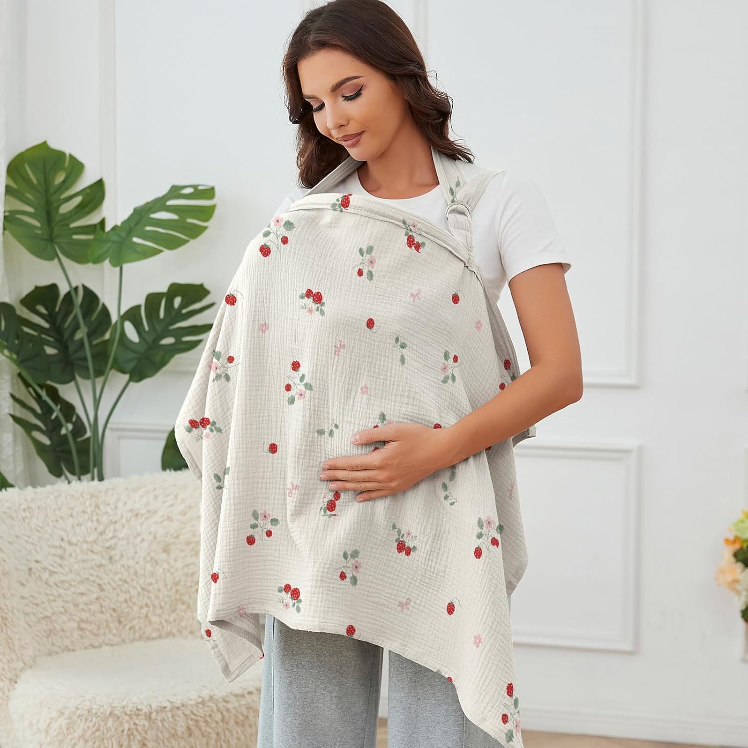 Muslin Nursing Cover for Breastfeeding, Breathable 100% Cotton Privacy Nursing Covers with Rigid Hoop for Mother Nursing Apron, Soft Arch Neckline Nursing Apron (Summer Wheat)