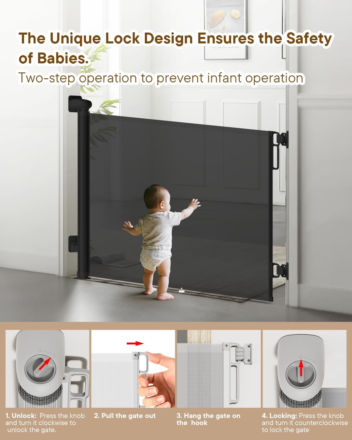 Retractable Baby Gate 55" Wide – Safety Mesh Gate with Lock & One-Hand Operation (Indoor/Outdoor) 