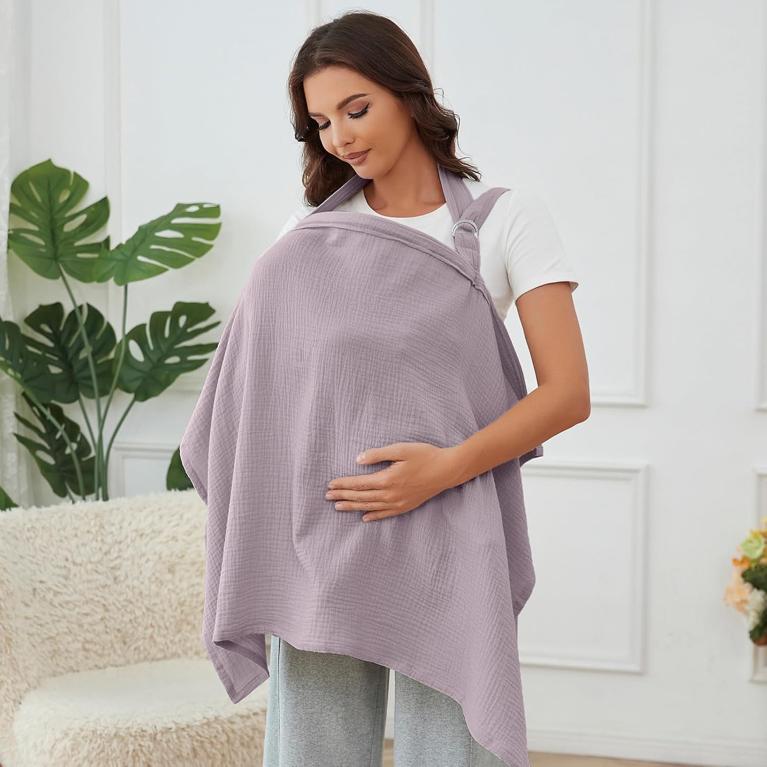 Muslin Nursing Cover for Breastfeeding, Breathable 100% Cotton Privacy Nursing Covers with Rigid Hoop for Mother Nursing Apron, Soft Arch Neckline Nursing Apron (Summer Wheat)