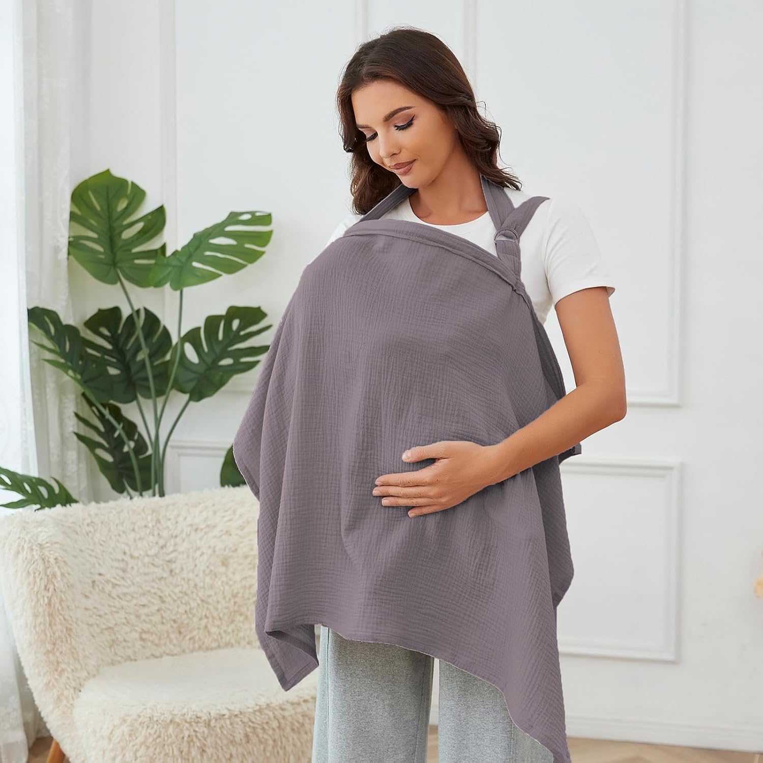Muslin Nursing Cover for Breastfeeding, Breathable 100% Cotton Privacy Nursing Covers with Rigid Hoop for Mother Nursing Apron, Soft Arch Neckline Nursing Apron (Summer Wheat)