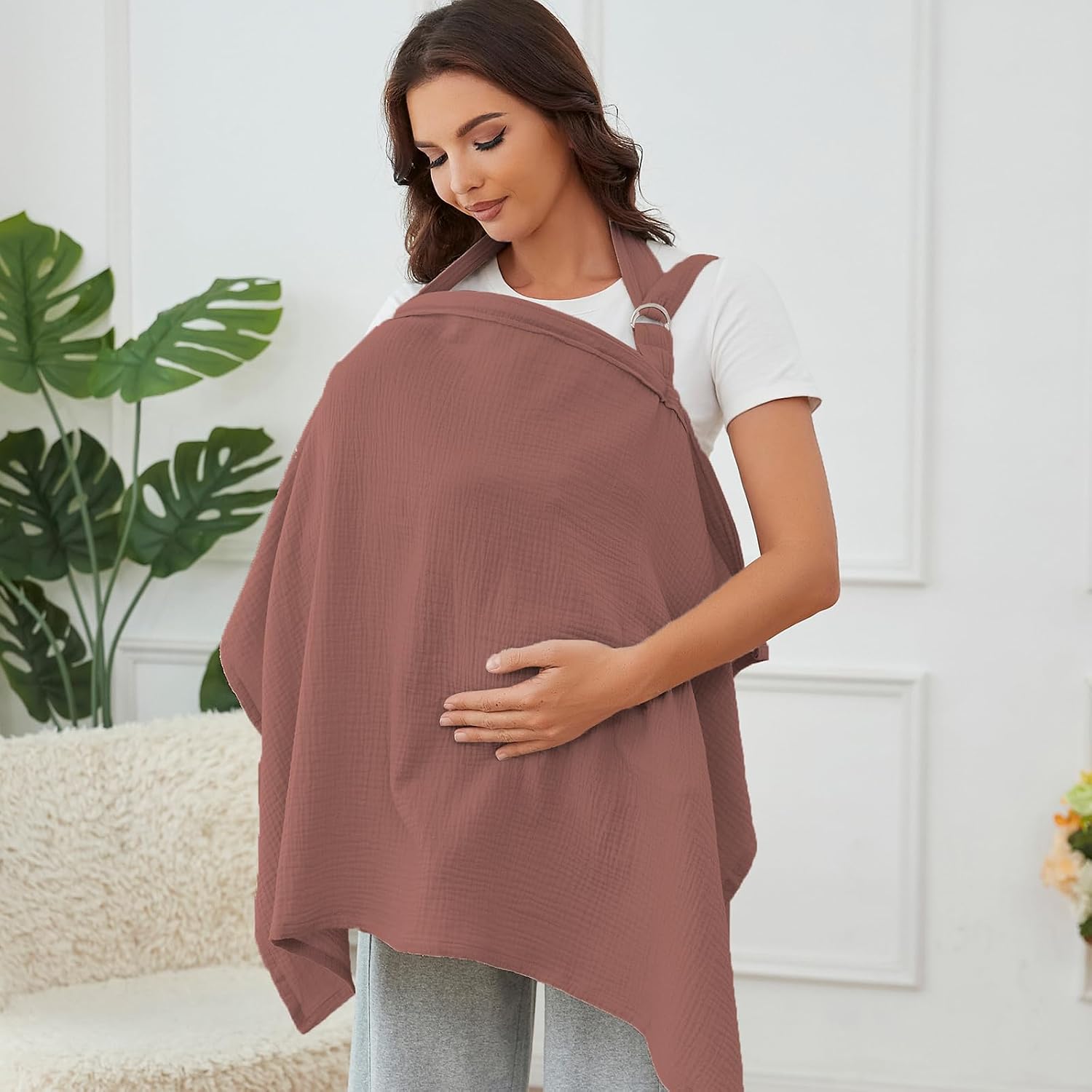 Muslin Nursing Cover for Breastfeeding, Breathable 100% Cotton Privacy Nursing Covers with Rigid Hoop for Mother Nursing Apron, Soft Arch Neckline Nursing Apron (Summer Wheat)