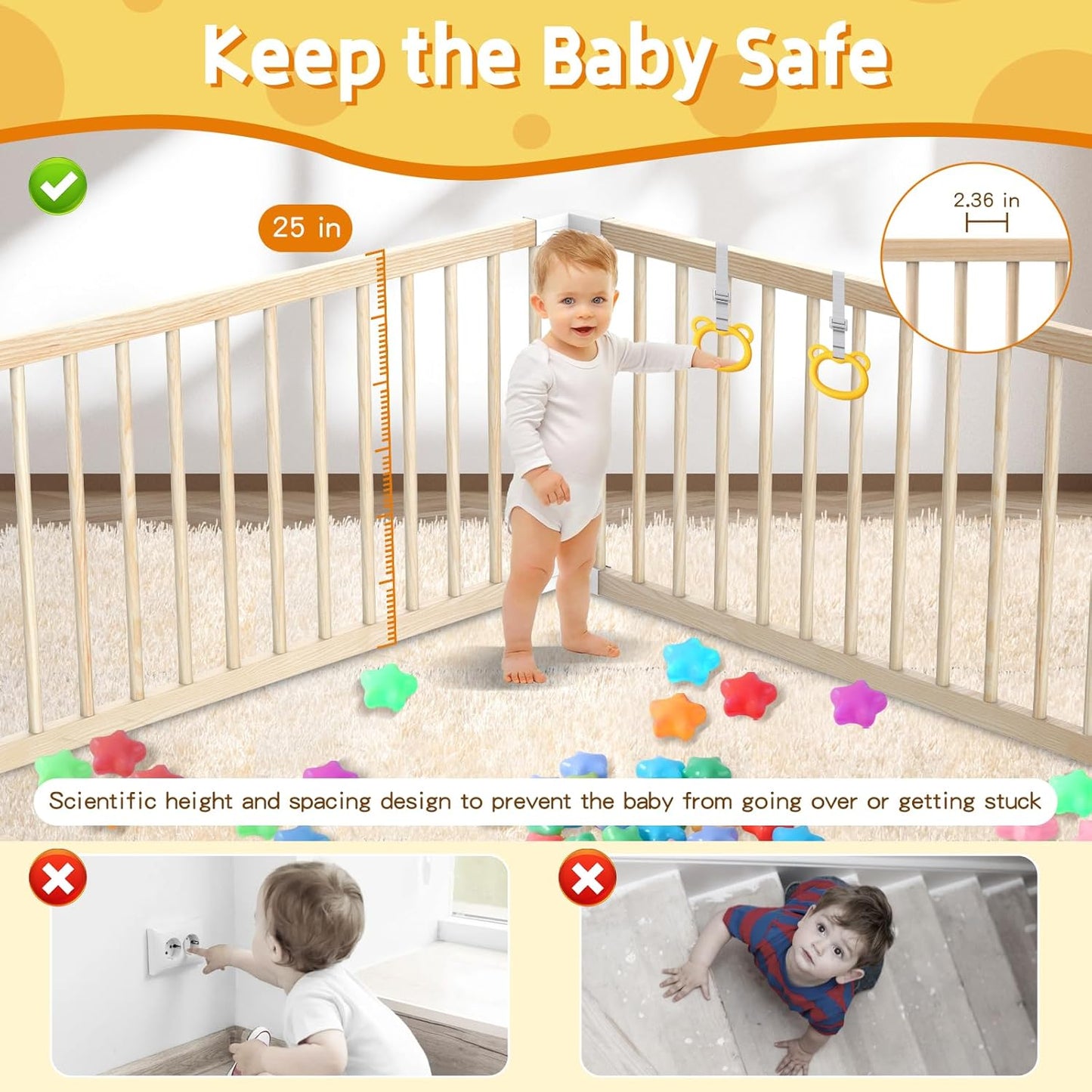 Wooden Baby Playpen 43x43” – Safe Toddler Play Yard with Door, Handles & Ocean Balls 