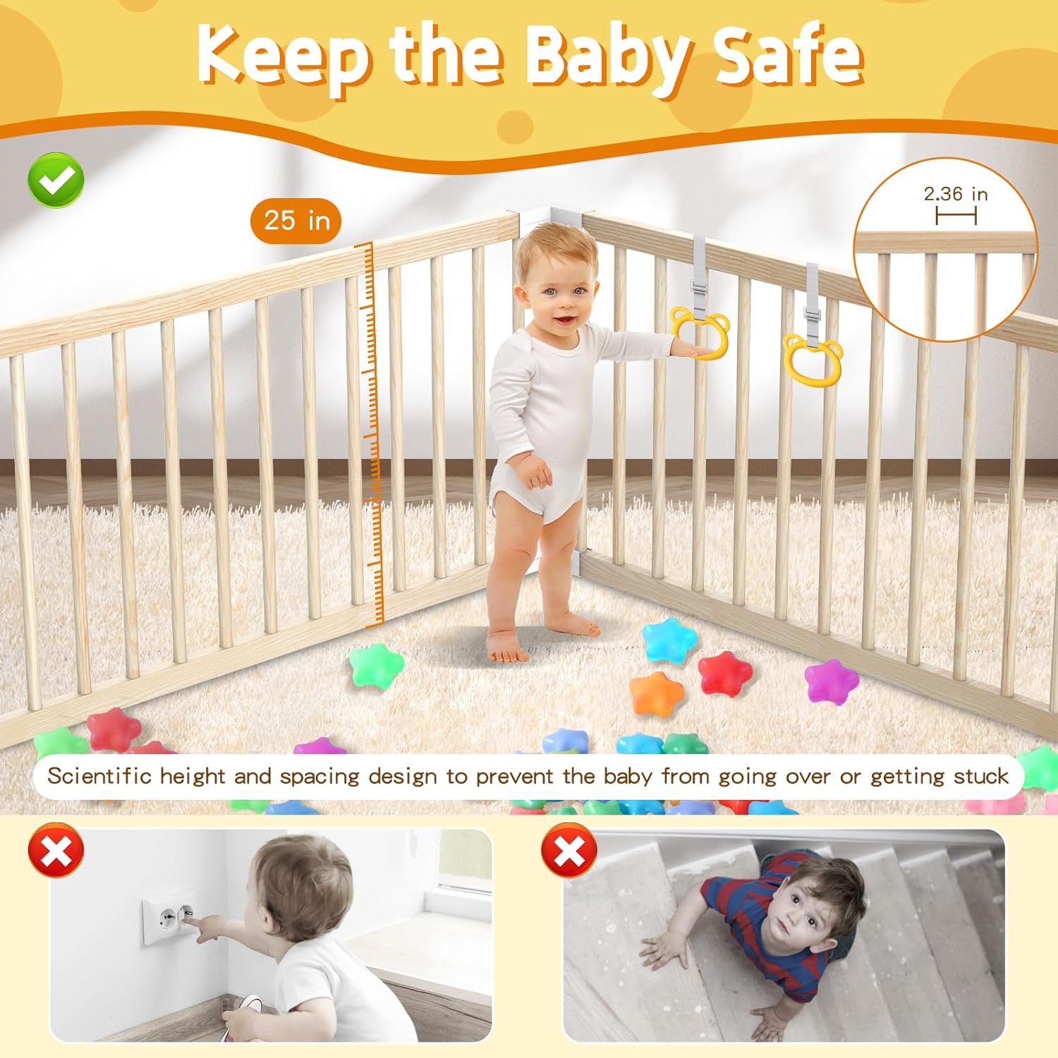 Wooden Baby Playpen 43x43” – Safe Toddler Play Yard with Door, Handles & Ocean Balls 