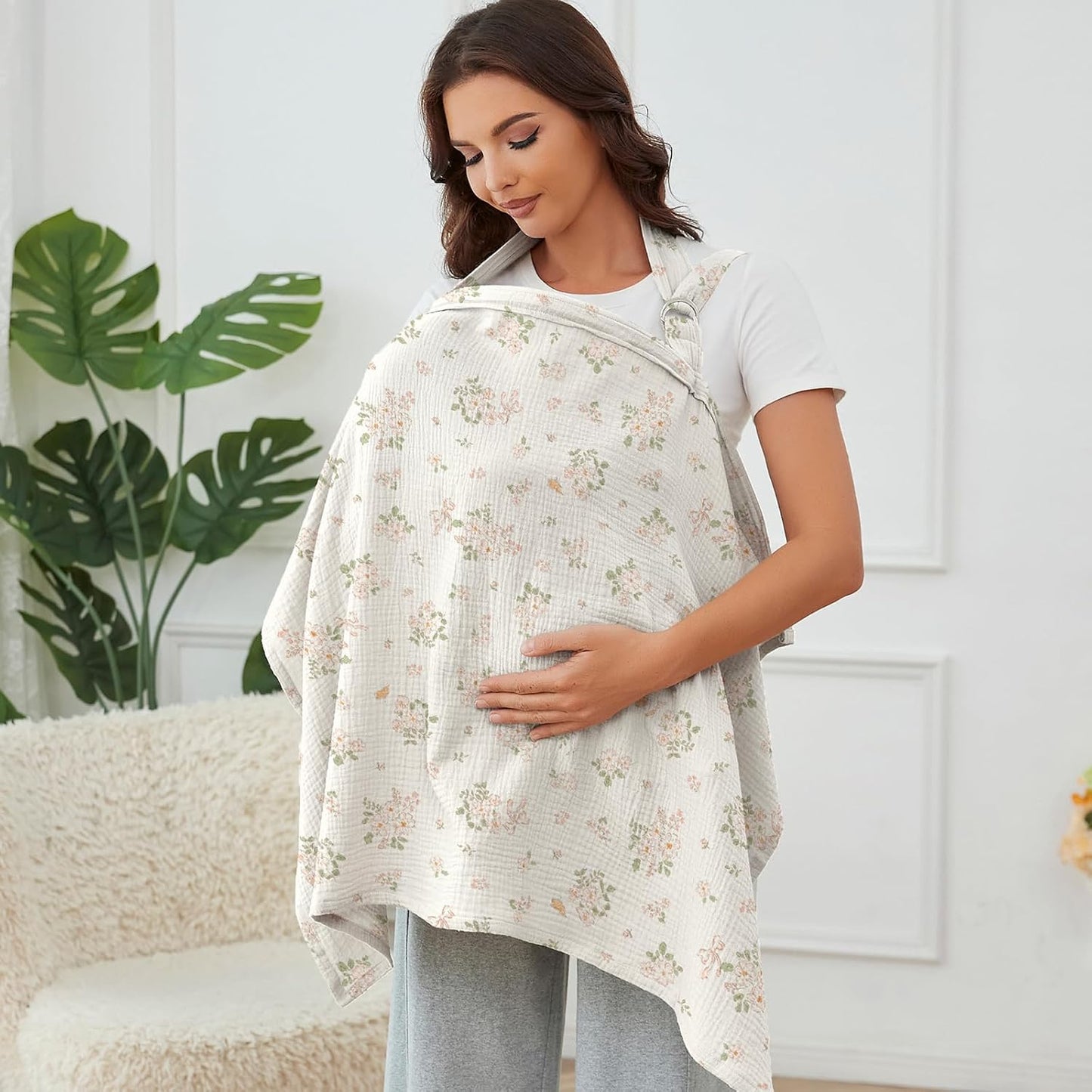 Muslin Nursing Cover for Breastfeeding, Breathable 100% Cotton Privacy Nursing Covers with Rigid Hoop for Mother Nursing Apron, Soft Arch Neckline Nursing Apron (Summer Wheat)