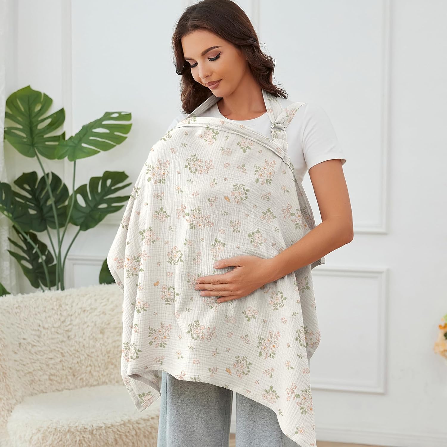 Muslin Nursing Cover for Breastfeeding, Breathable 100% Cotton Privacy Nursing Covers with Rigid Hoop for Mother Nursing Apron, Soft Arch Neckline Nursing Apron (Summer Wheat)