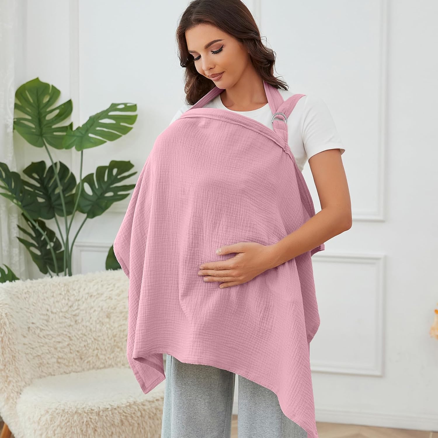 Muslin Nursing Cover for Breastfeeding, Breathable 100% Cotton Privacy Nursing Covers with Rigid Hoop for Mother Nursing Apron, Soft Arch Neckline Nursing Apron (Summer Wheat)