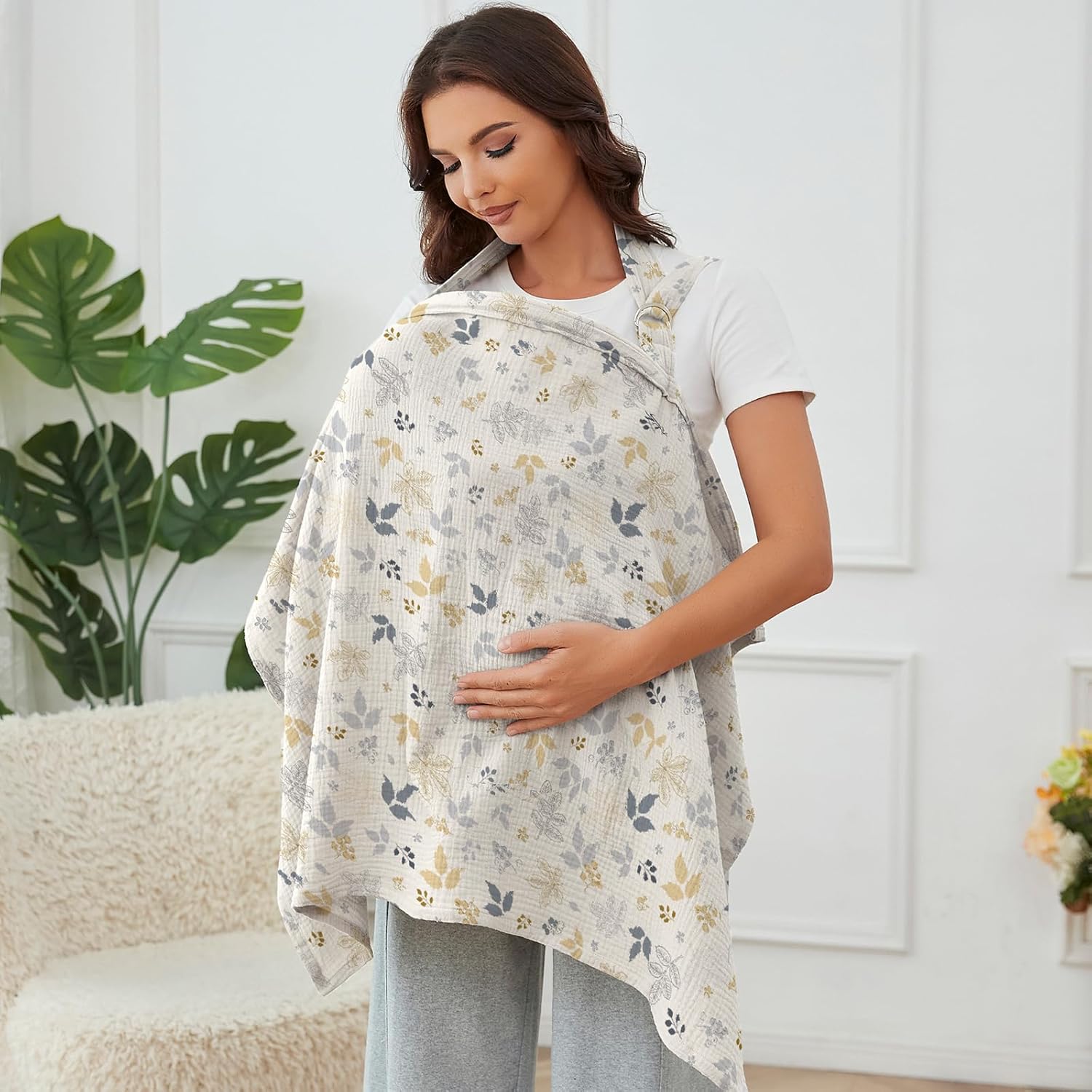 Muslin Nursing Cover for Breastfeeding, Breathable 100% Cotton Privacy Nursing Covers with Rigid Hoop for Mother Nursing Apron, Soft Arch Neckline Nursing Apron (Summer Wheat)