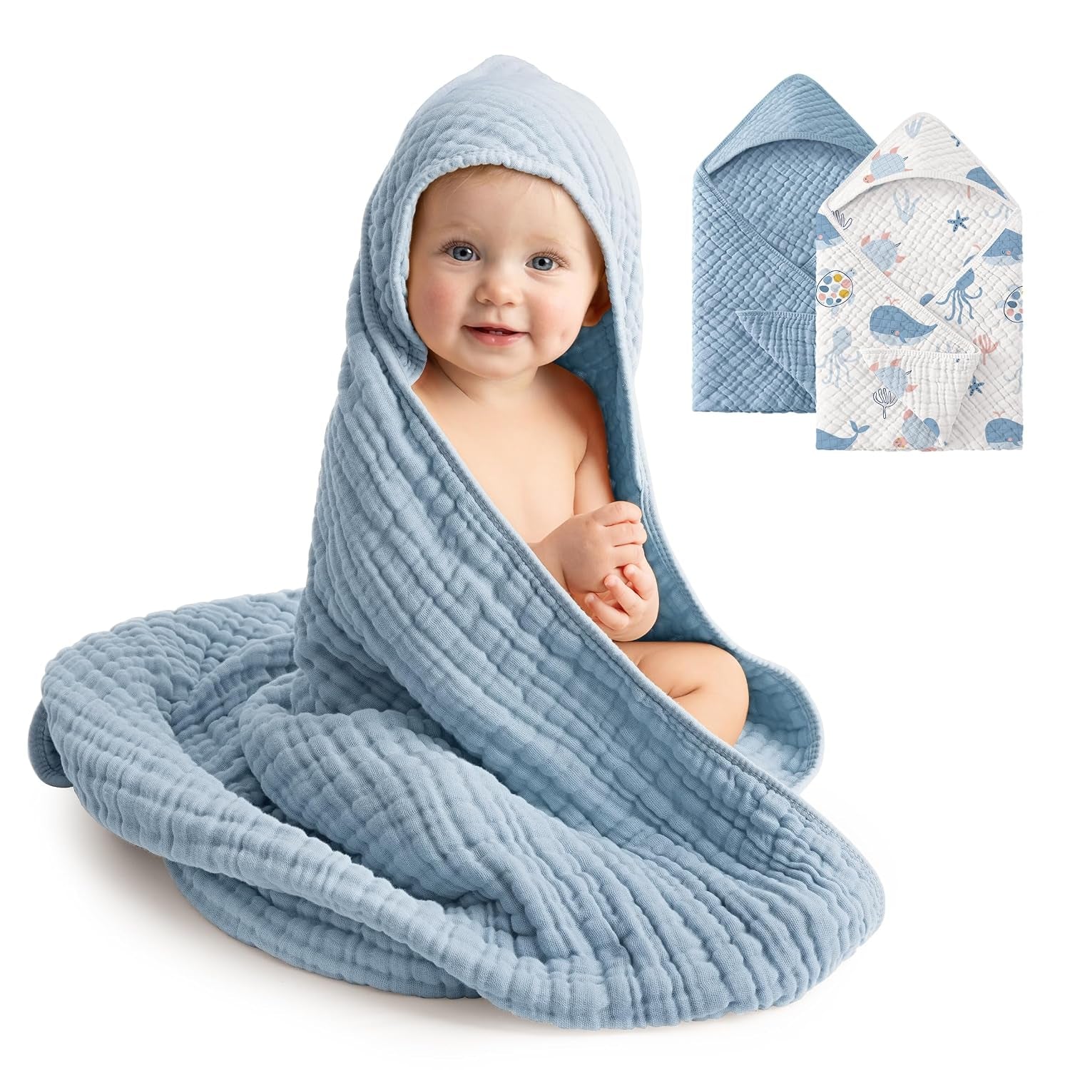 2 Pack Muslin Cotton Hooded Baby Towels 32x32" Soft Absorbent Bath Towels 🚚