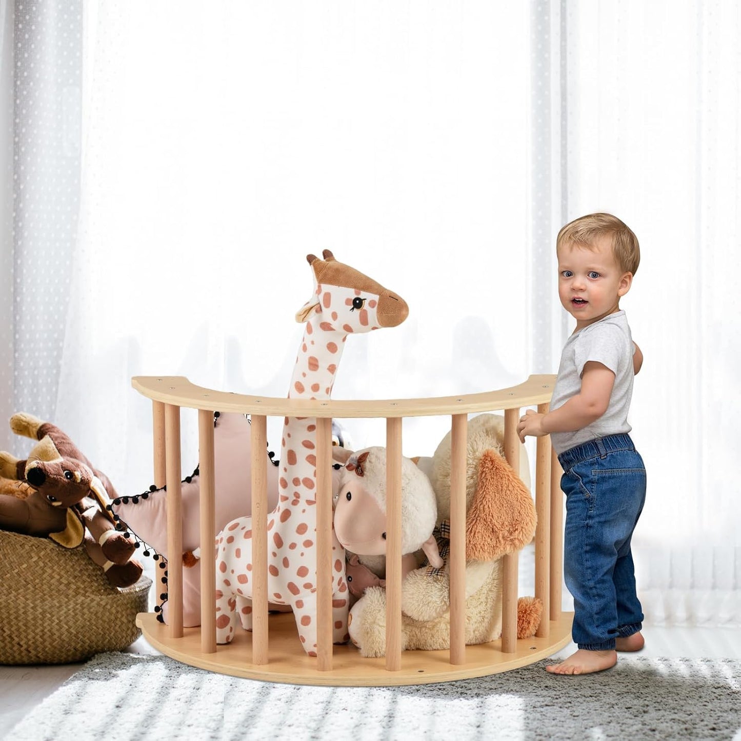 6-in-1 Wooden Arch Climber & Rocker – Montessori Toddler Playset with Cushion & Sensory Table 