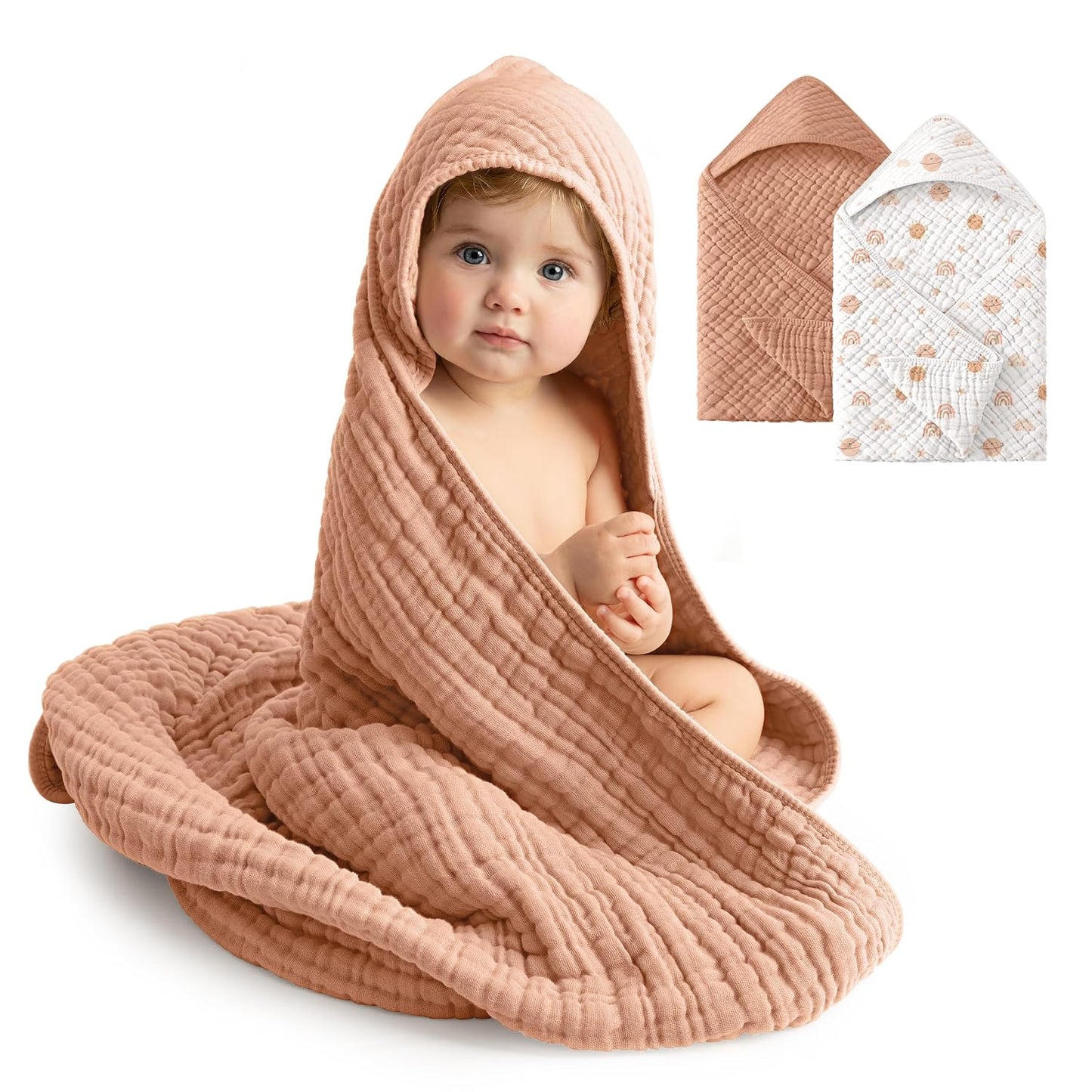 2 Pack Muslin Cotton Hooded Baby Towels 32x32" Soft Absorbent Bath Towels 🚚