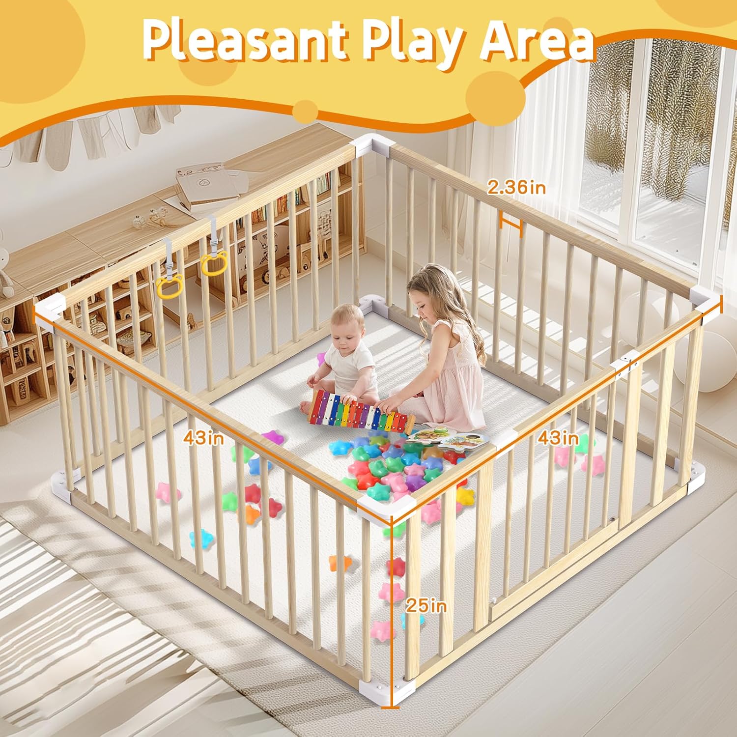 Wooden Baby Playpen 43x43” – Safe Toddler Play Yard with Door, Handles & Ocean Balls 