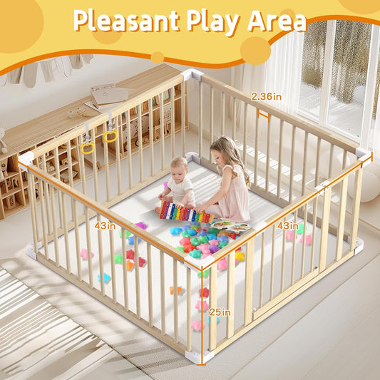 Wooden Baby Playpen 43x43” – Safe Toddler Play Yard with Door, Handles & Ocean Balls 