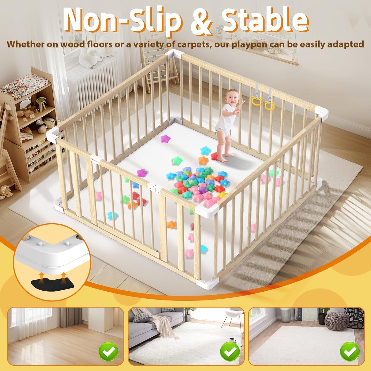 Wooden Baby Playpen 43x43” – Safe Toddler Play Yard with Door, Handles & Ocean Balls 