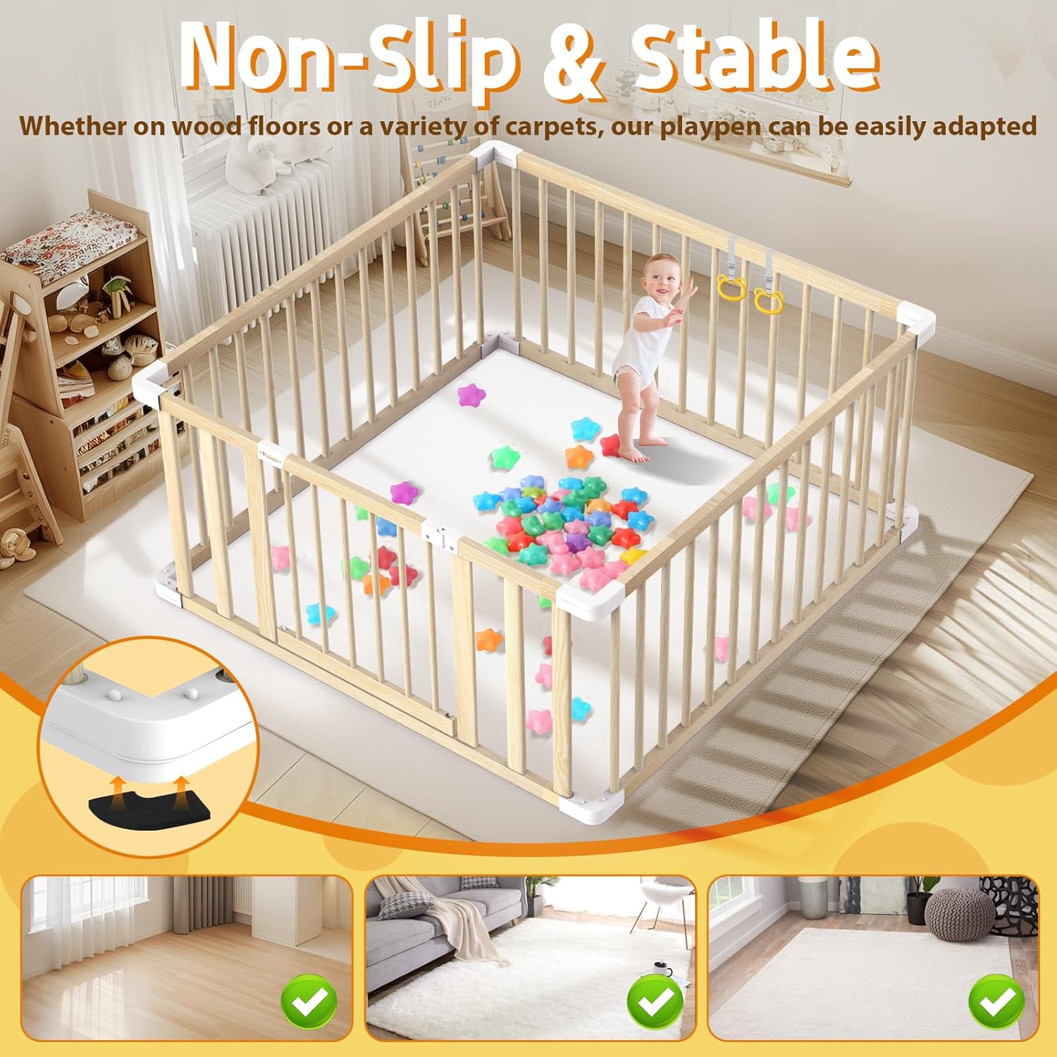 Wooden Baby Playpen 43x43” – Safe Toddler Play Yard with Door, Handles & Ocean Balls 