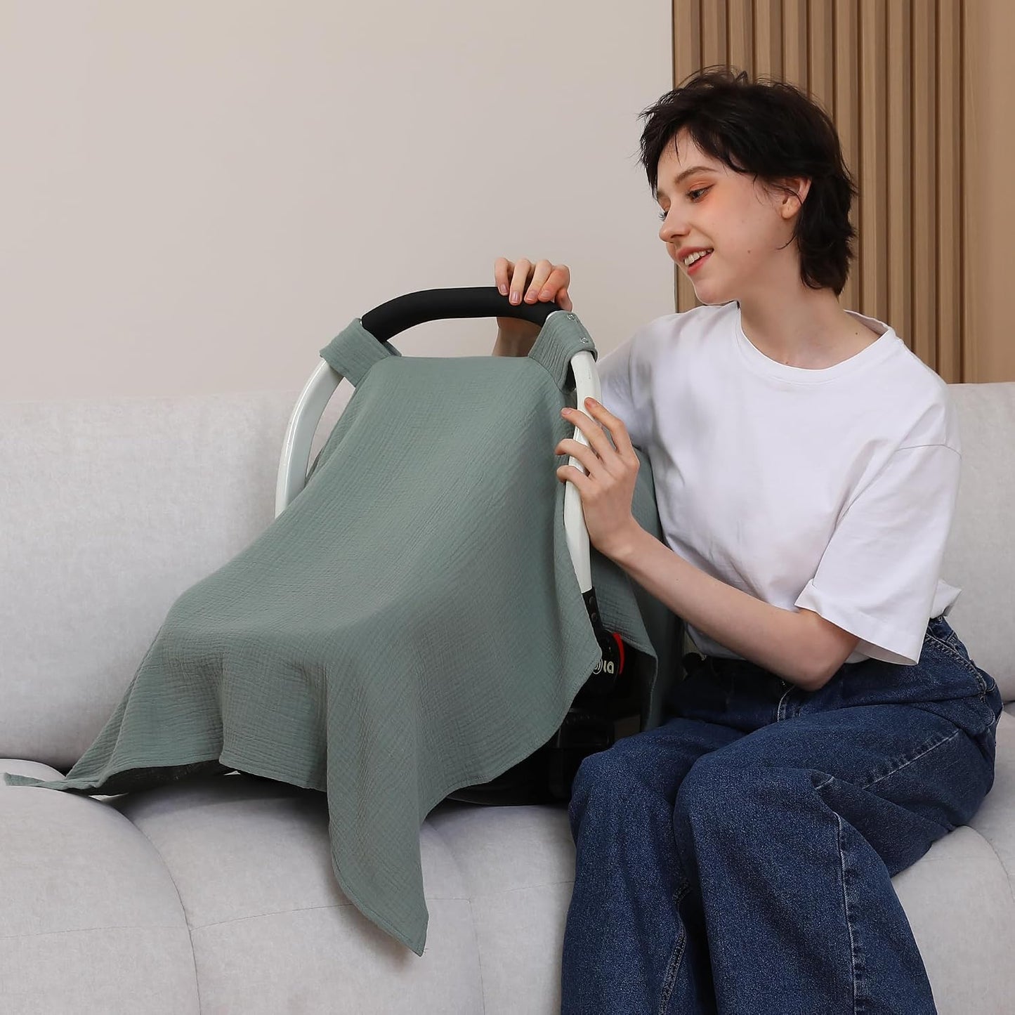 Muslin Cotton Baby Car Seat Cover | Breathable Multi-Use Canopy Cover