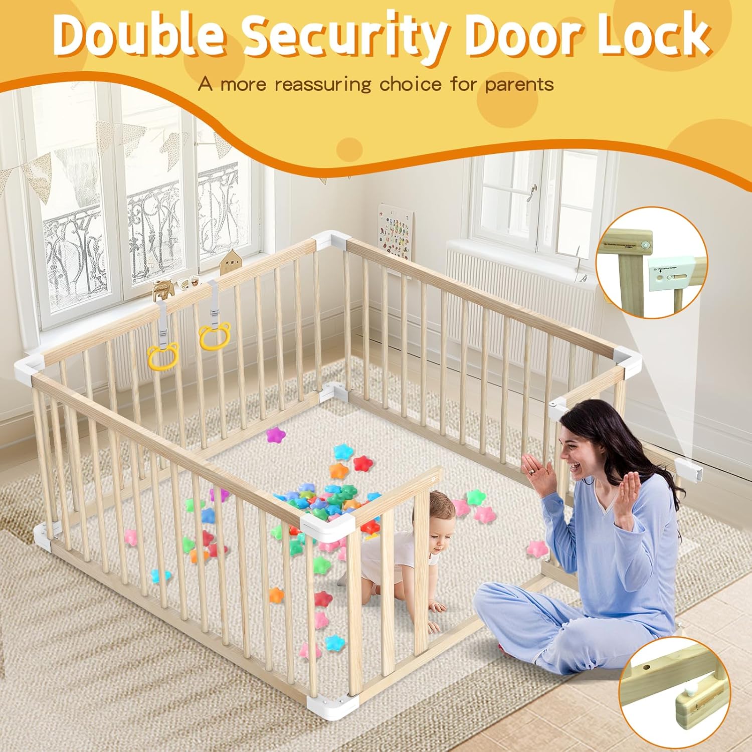 Wooden Baby Playpen 43x43” – Safe Toddler Play Yard with Door, Handles & Ocean Balls 