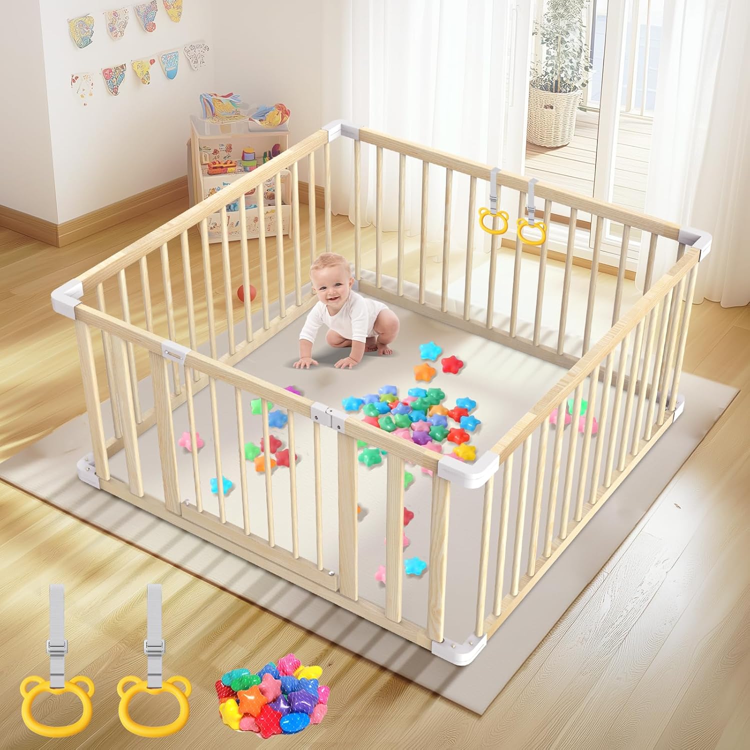 Wooden Baby Playpen 43x43” – Safe Toddler Play Yard with Door, Handles & Ocean Balls 