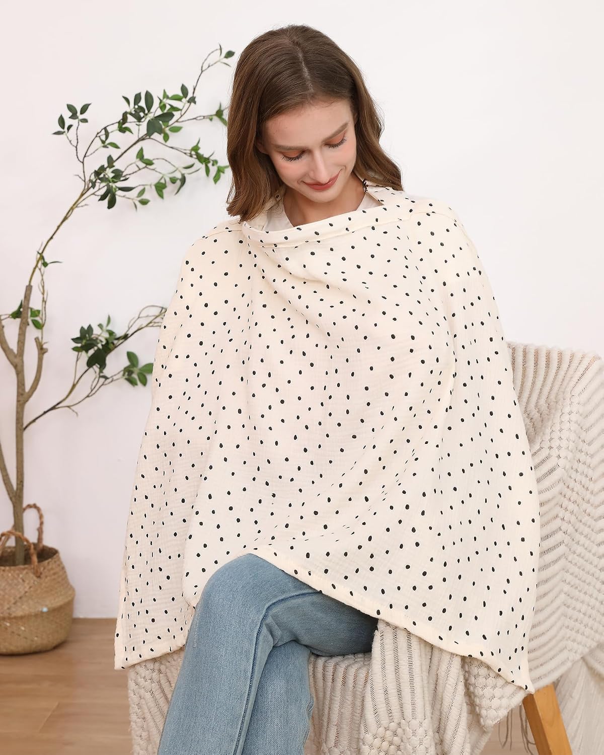 Muslin Nursing Cover for Breastfeeding, Breathable 100% Cotton Privacy Nursing Covers with Rigid Hoop for Mother Nursing Apron, Soft Arch Neckline Nursing Apron (Summer Wheat)
