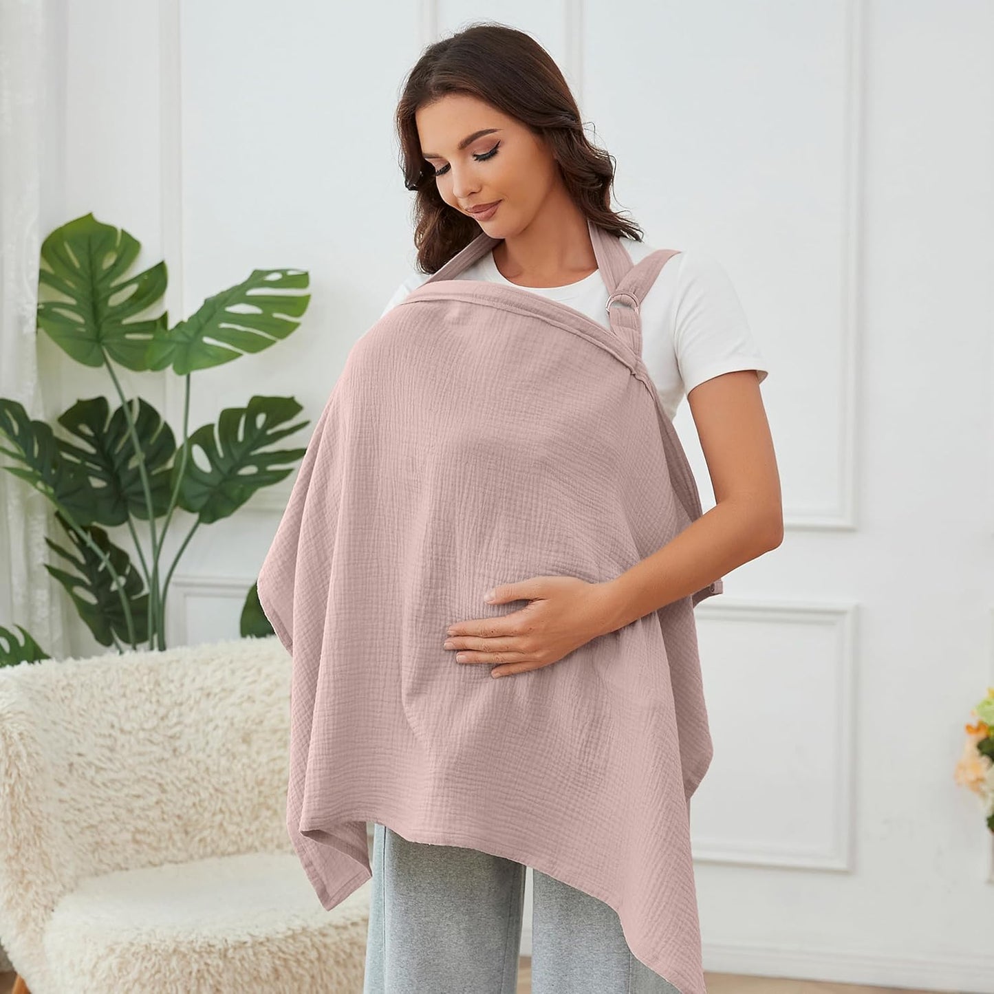 Muslin Nursing Cover for Breastfeeding, Breathable 100% Cotton Privacy Nursing Covers with Rigid Hoop for Mother Nursing Apron, Soft Arch Neckline Nursing Apron (Summer Wheat)
