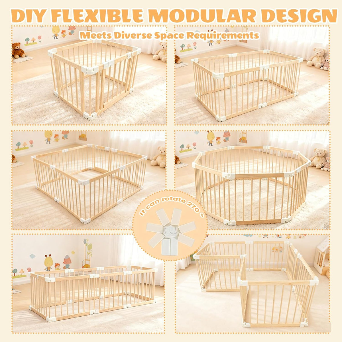 🪵 Baby Gate Playpen – 8 Panels, Foldable Natural Wood