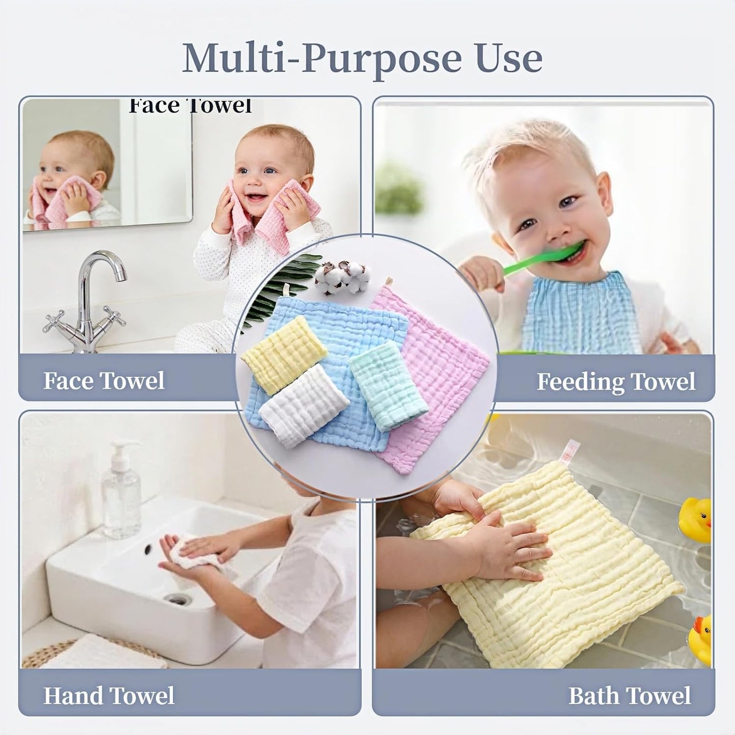 Baby Muslin Washcloths (5-Pack) – 100% Cotton Soft & Absorbent Face Towels for Newborns 