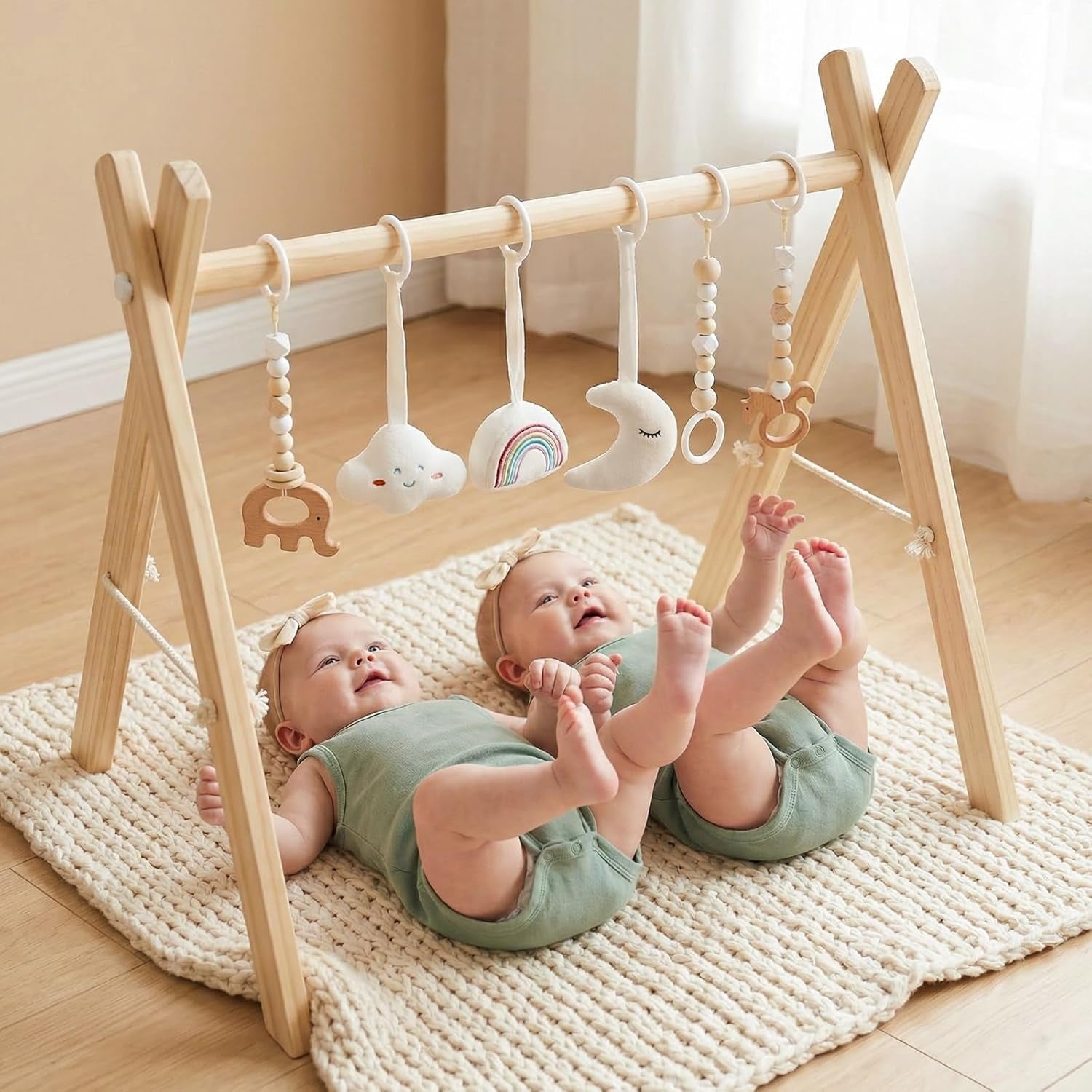 Wooden Baby Play Gym with 6 Toys – Foldable Natural Activity Gym for Sensory & Motor Development 