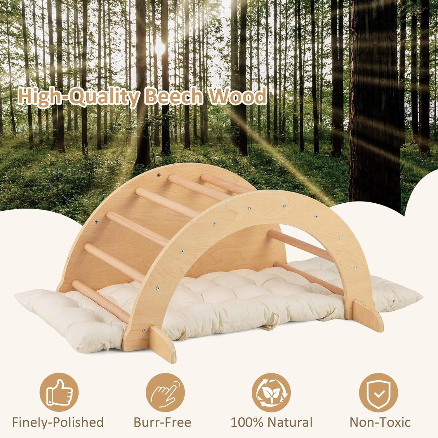 6-in-1 Wooden Arch Climber & Rocker – Montessori Toddler Playset with Cushion & Sensory Table 