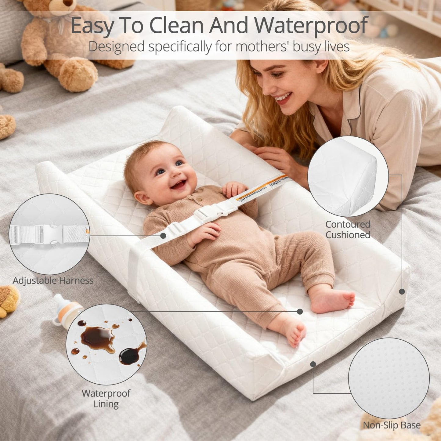 Waterproof Baby Changing Pad 32x16” – Non-Slip Wipeable Diaper Changing Mat with Safety Strap 