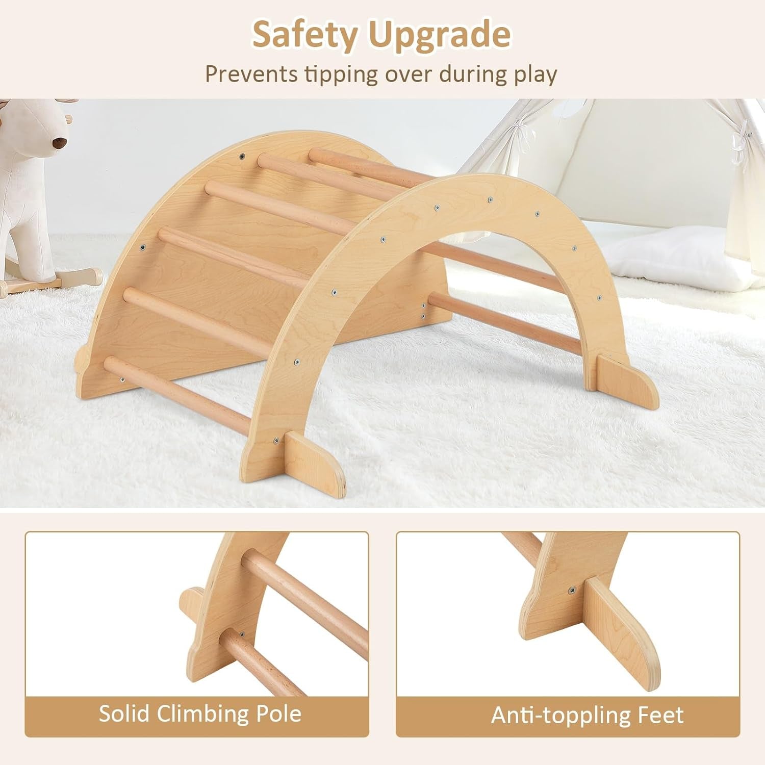 6-in-1 Wooden Arch Climber & Rocker – Montessori Toddler Playset with Cushion & Sensory Table 