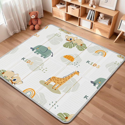 Foldable Baby Play Mat 50x50” – Waterproof Foam Playpen Mat Reversible & Portable (Giraffe & Elephant) 