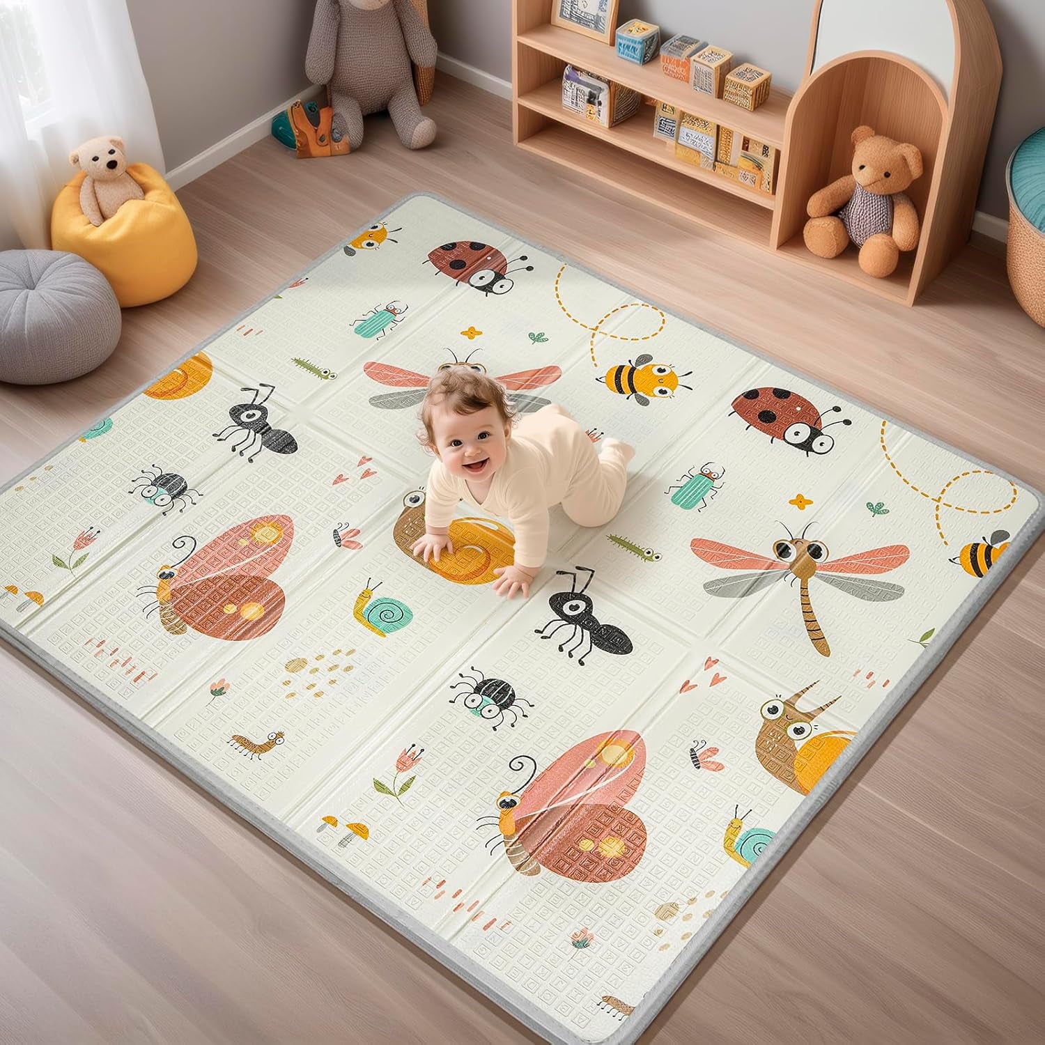Foldable Baby Play Mat 50x50” – Waterproof Foam Playpen Mat Reversible & Portable (Giraffe & Elephant) 