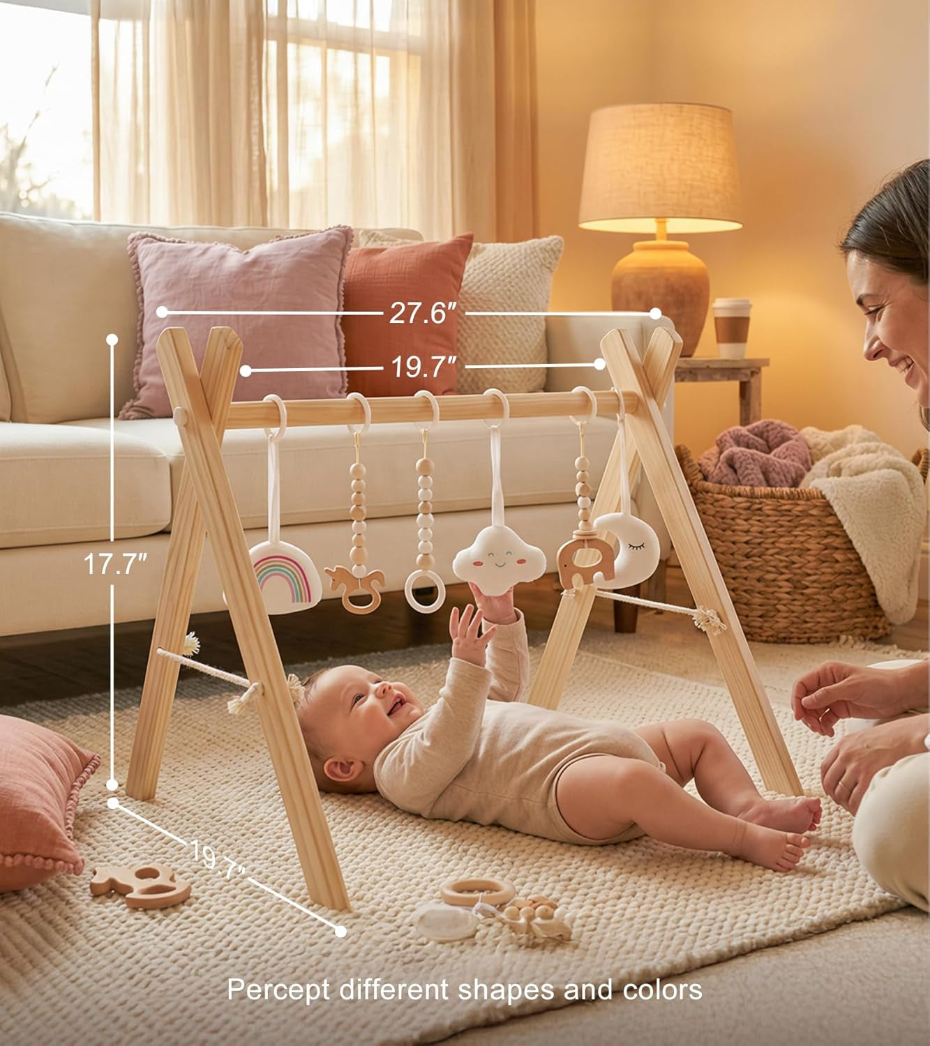 Wooden Baby Play Gym with 6 Toys – Foldable Natural Activity Gym for Sensory & Motor Development 