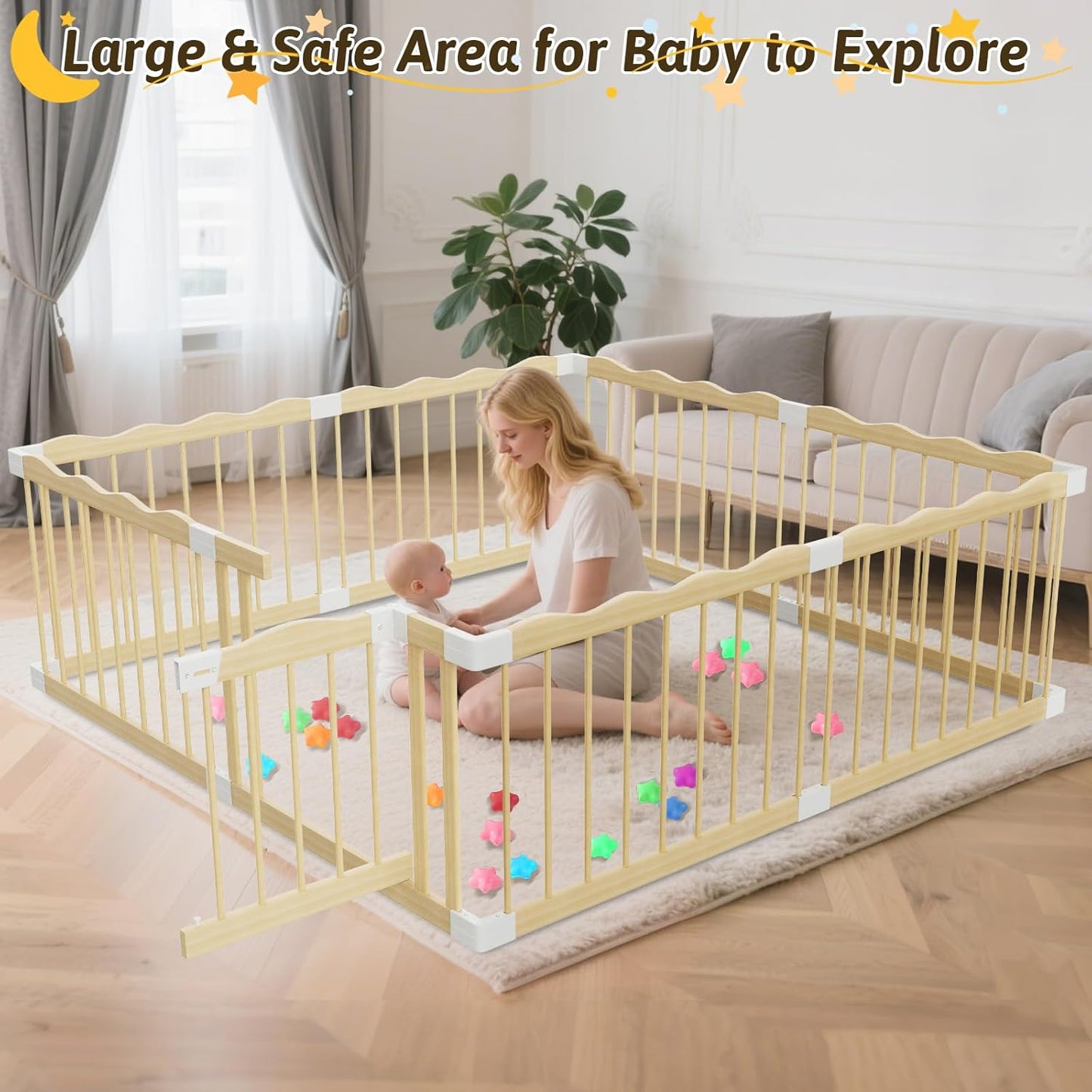 Wooden Baby Playpen | Spacious Play Yard with Lock Gate & Play Balls
