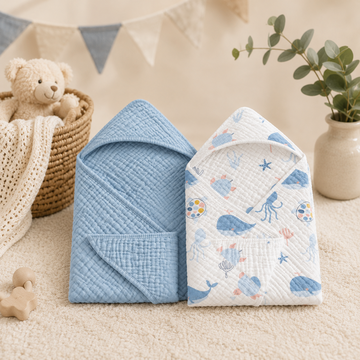 2 Pack Muslin Cotton Hooded Baby Towels 32x32" Soft Absorbent Bath Towels 🚚