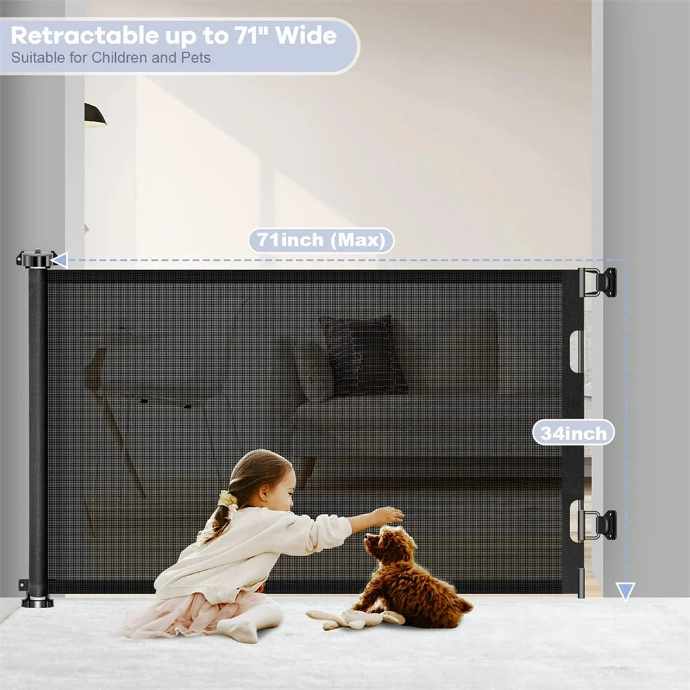 Retractable Baby Gate - Extra Tall 34" Safety Gate, 71" Wide for Stairways and Doorways, Auto-Lock Metal Design in Black
