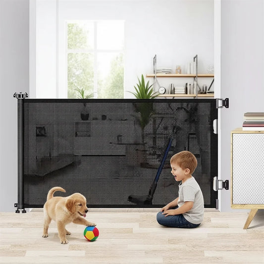 Retractable Baby Gate - Extra Tall 34" Safety Gate, 71" Wide for Stairways and Doorways, Auto-Lock Metal Design in Black