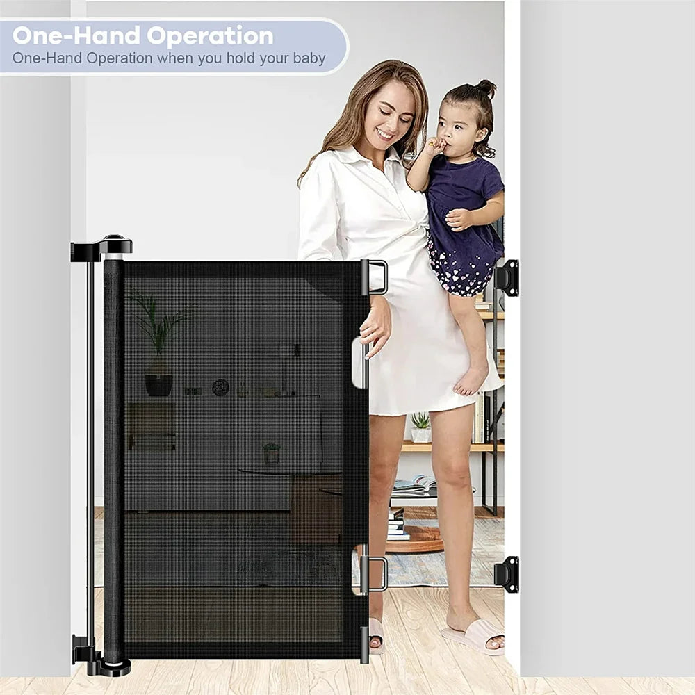 Retractable Baby Gate - Extra Tall 34" Safety Gate, 71" Wide for Stairways and Doorways, Auto-Lock Metal Design in Black
